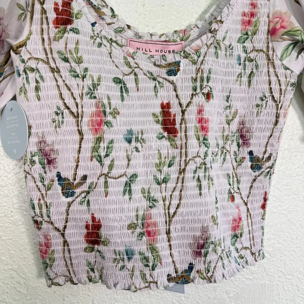 Hill House Diane Hill Top Womens Small Aiko Floral Crop Smocked Blouse Boho NEW